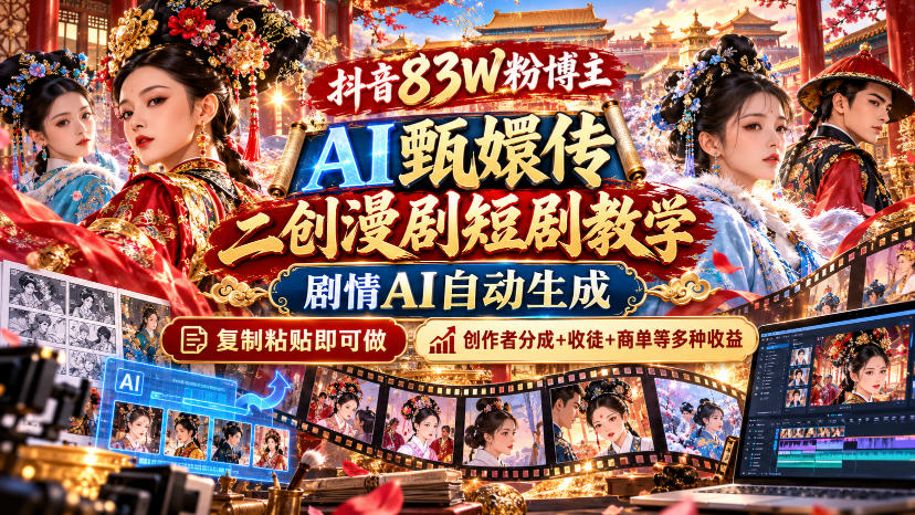 抖音83W粉博主AI甄嬛传二创漫剧短剧教学｜剧情AI自动生成，复制粘贴即可做，各大平台创作者分成+收徒等多种收益-橙心云网创