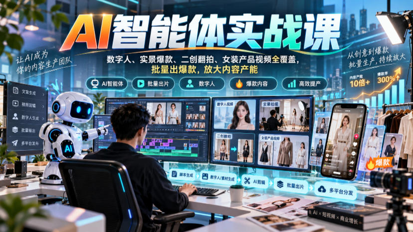 AI智能体实战课,数字人、实景爆款、二创翻拍、女装产品视频全覆盖,批量出爆款,放大内容产能-橙心云网创