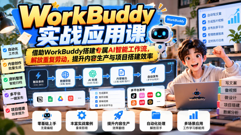 WorkBuddy实战应用课,借助WorkBuddy搭建专属AI智能工作流,解放重复劳动,提升内容生产与项目搭建效率-橙心云网创