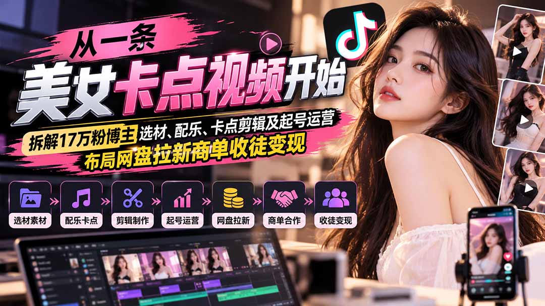 从一条美女卡点视频开始:拆解17万粉博主选材、配乐、卡点剪辑及起号运营,布局网盘拉新商单收徒变现-橙心云网创