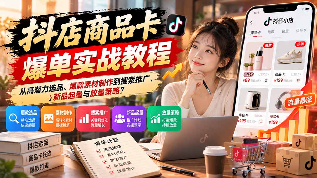 抖店商品卡爆单实战教程:从高潜力选品、爆款素材制作到搜索推广、新品起量与放量策略-橙心云网创