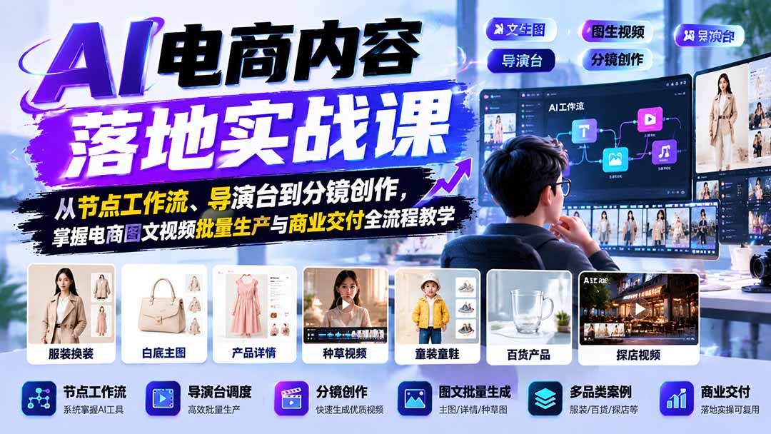 AI电商内容落地实战课:从节点工作流、导演台到分镜创作,掌握电商图文视频批量生产与商业交付全流程教学-橙心云网创
