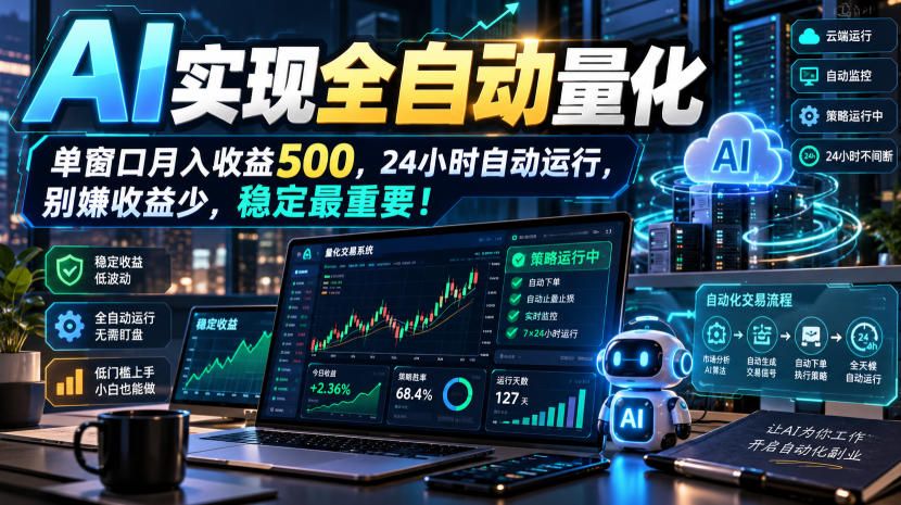 AI实现全自动量化，单窗口月入收益500，24小时自动运行，别嫌收益少，稳定最重要！【揭秘】-橙心云网创