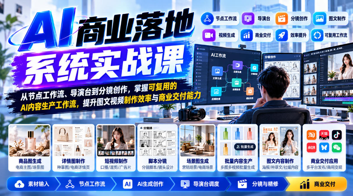 【无水印】AI商业落地系统实战课，从节点工作流、导演台到分镜创作，掌握可复用的AI内容生产工作流，提升图文视频制作效率与商业交付能力-橙心云网创