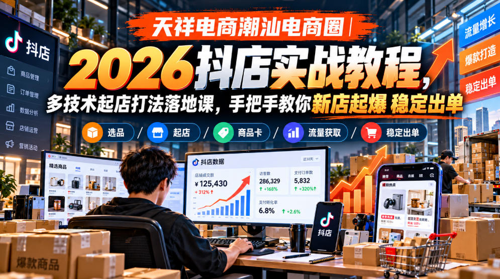 天祥电商潮汕电商圈｜2026抖店实战教程，多技术起店打法落地课，手把手教你新店起爆稳定出单-橙心云网创