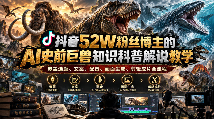 抖音52W粉丝博主的AI史前巨兽知识科普解说教学，覆盖选题、文案、配音、画面生成、剪辑成片全流程-橙心云网创