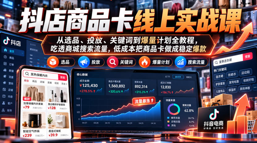 抖店商品卡线上实战课｜从选品、投放、关键词到爆量计划全教程，吃透商城搜索流量，低成本把商品卡做成稳定爆款-橙心云网创