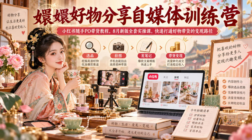 嬛嬛好物分享自媒体训练营｜小红书随手PO带货教程，8月新版全套实操课，快速打通好物带货的变现路径-橙心云网创