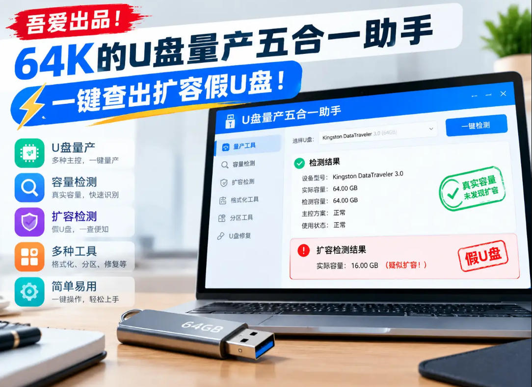 吾爱出品！64K的U盘量产五合一助手，一键查出扩容假U盘！-橙心云网创