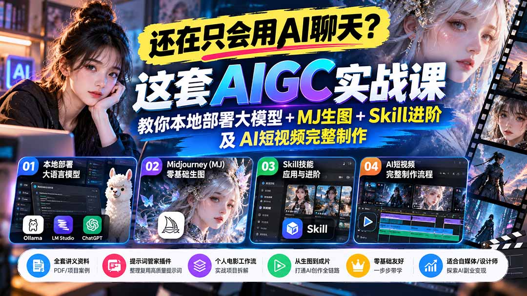 【无水印】还在只会用AI聊天？这套AIGC实战课教你本地部署大模型+MJ生图+Skill进阶及AI短视频完整制作-橙心云网创