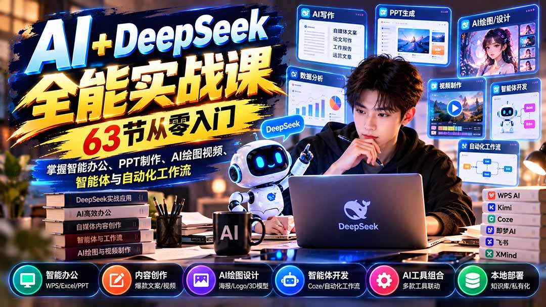 AI+DeepSeek全能实战课：63节从零入门，掌握智能办公、PPT制作、AI绘图视频、智能体与自动化工作流-橙心云网创