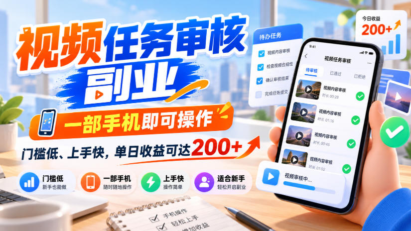 视频任务审核副业，一部手机即可操作，门槛低、上手快，单日收益可达200+【揭秘】-橙心云网创