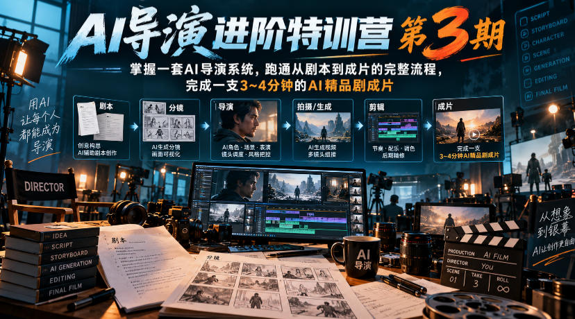 AI导演进阶特训营第3期，掌握一套AI导演系统，跑通从剧本到成片的完整流程，完成一支3~4分钟的AI精品剧成片(附1、2期)-橙心云网创