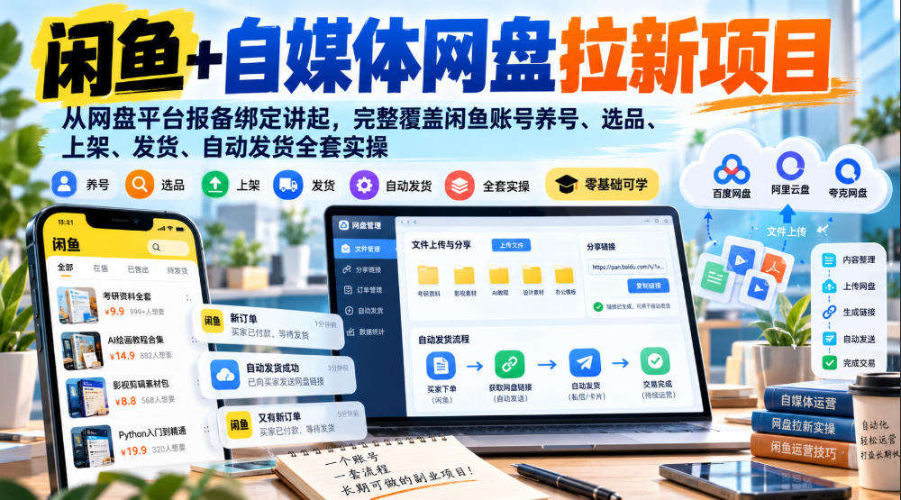 闲鱼+自媒体网盘拉新项目，从网盘平台报备绑定讲起，完整覆盖闲鱼账号养号、选品、上架、发货、自动发货全套实操-橙心云网创