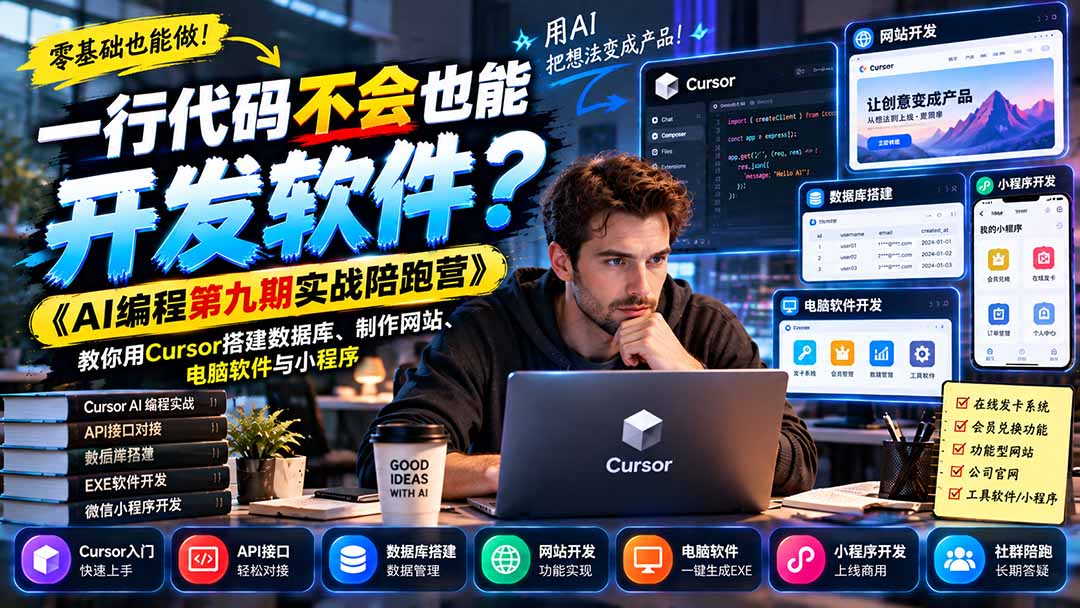 一行代码不会也能开发软件?《AI编程第九期实战陪跑营》教你用Cursor搭建数据库、制作网站、电脑软件与小程序-橙心云网创