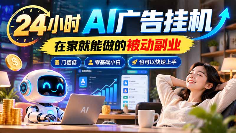 24小时AI广告挂机｜在家就能做的被动副业，门槛低，零基础小白也可以快速上手-橙心云网创
