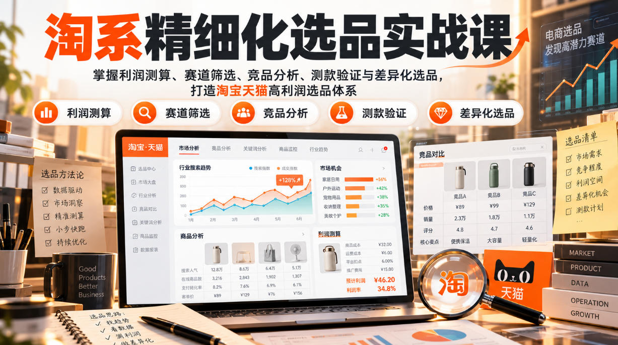货架电商精细化选品实战课：掌握利润测算、赛道筛选、竞品分析、测款验证与差异化选品，打造淘宝天猫高利润选品体系-橙心云网创