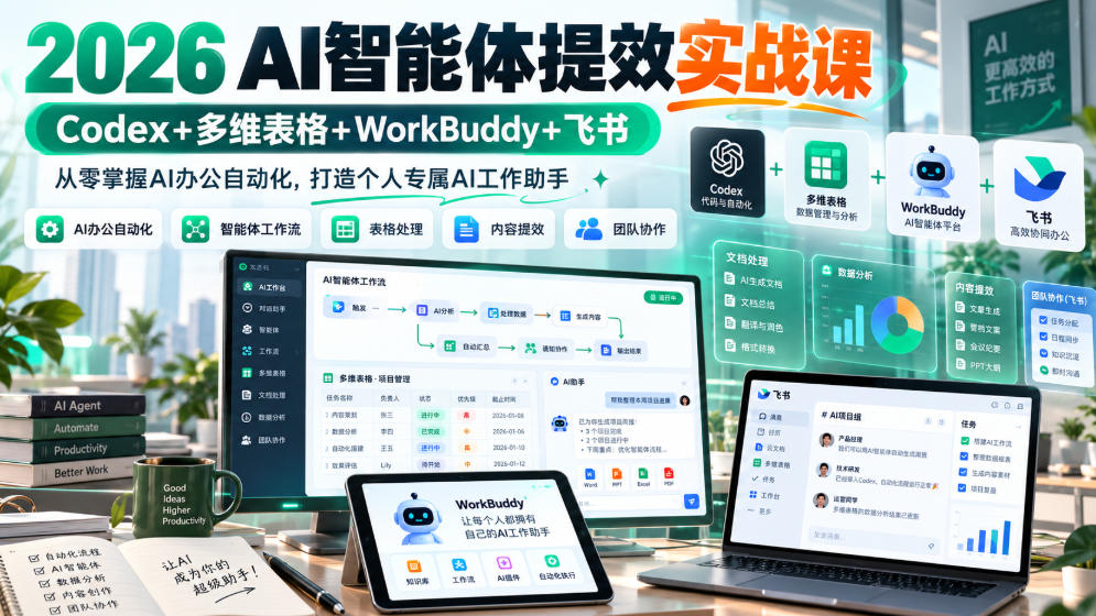 2026 AI智能体提效实战课：Codex+多维表格+WorkBuddy+飞书，从零掌握AI办公自动化，打造个人专属AI工作助手-橙心云网创