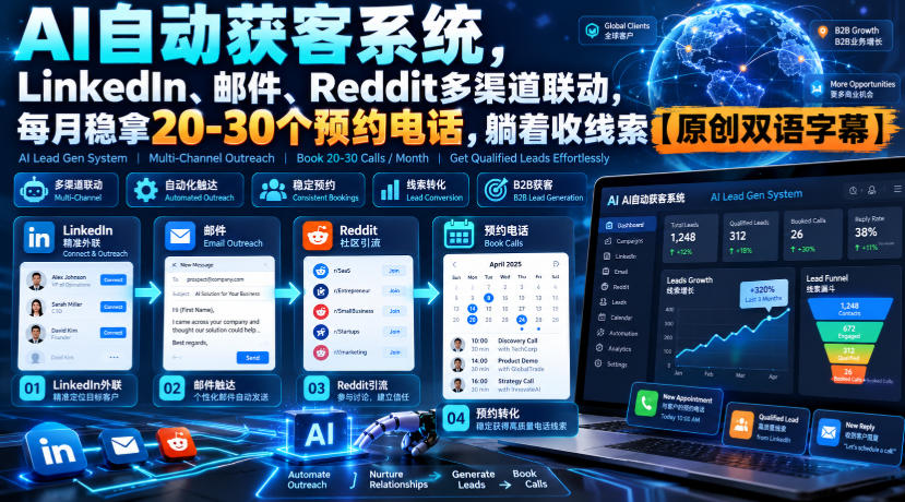 【无水印】AI自动获客系统,LinkedIn、邮件、Reddit多渠道联动,每月稳拿20-30个预约电话,躺着收线索【原创双语字幕】-橙心云网创
