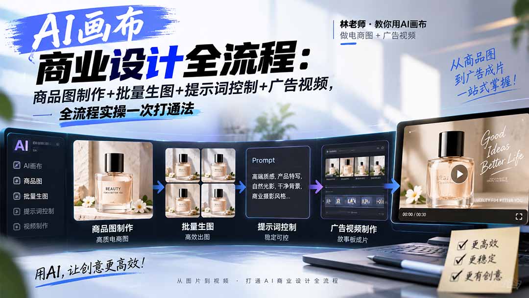AI画布商业设计全流程-更新1026:商品图制作+批量生图+提示词控制+广告视频,全流程实操一次打通法-橙心云网创