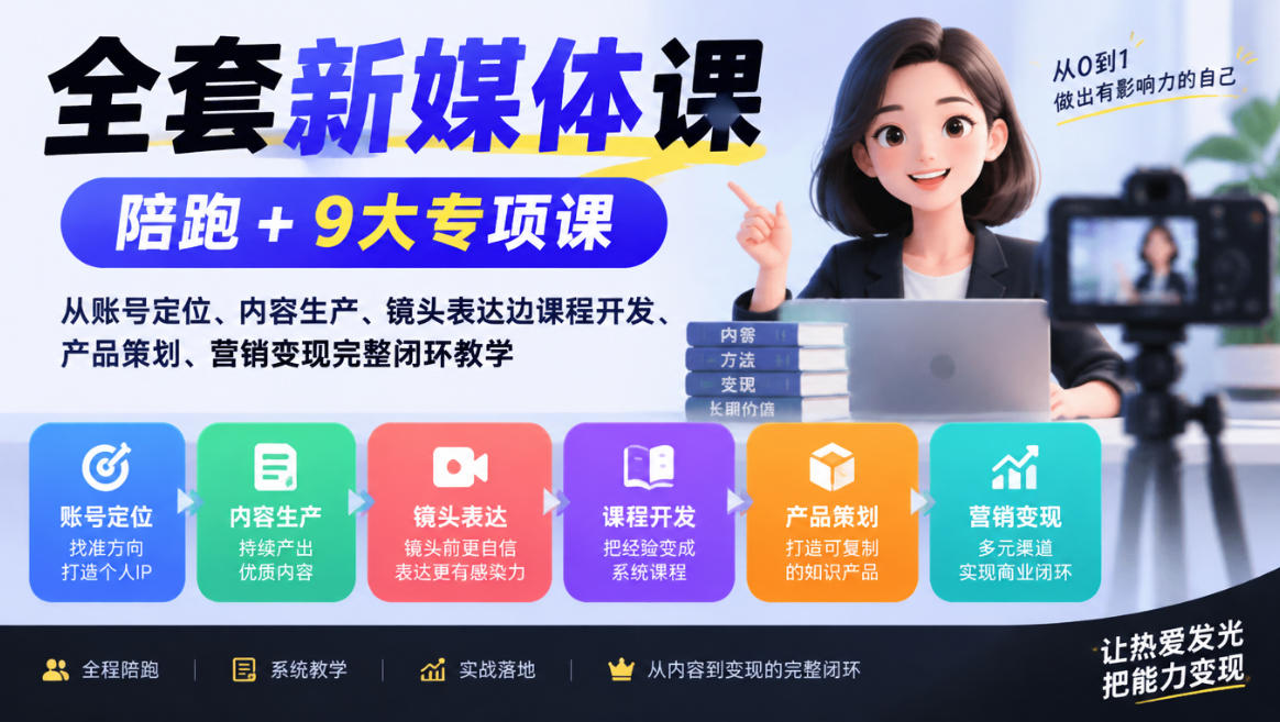 全套新媒体课｜陪跑+9大专项课，从账号定位、内容生产、镜头表达到课程开发、产品策划、营销变现完整闭环教学-橙心云网创