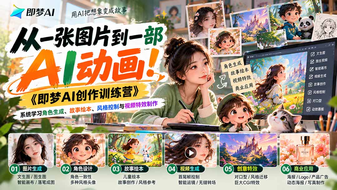 【无水印】从一张图片到一部AI动画!《即梦AI创作训练营》系统学习角色生成、故事绘本、风格控制与视频特效制作-橙心云网创