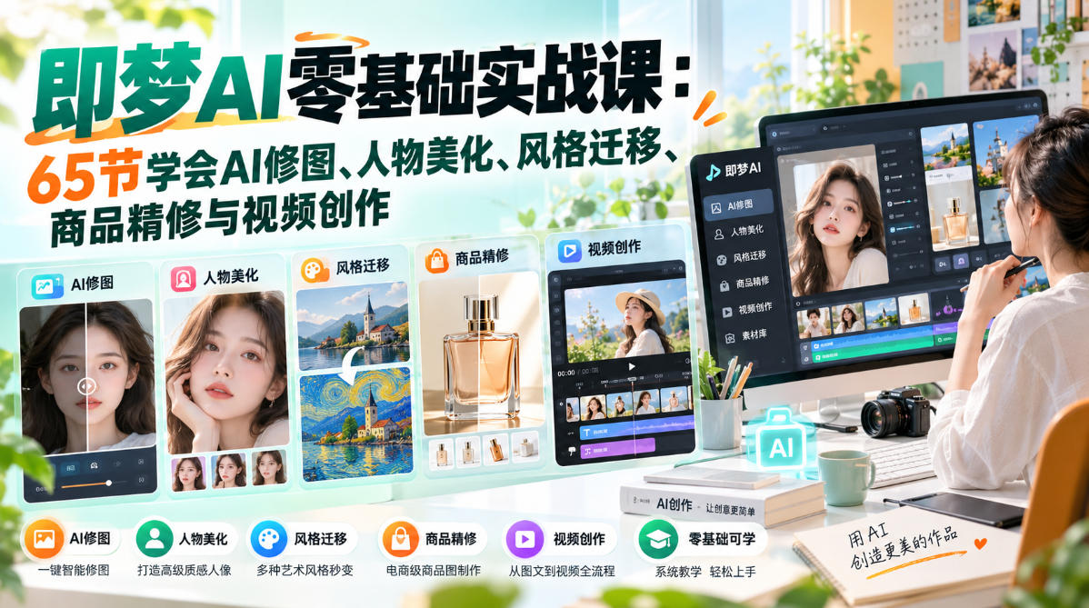 即梦AI零基础实战课：65节学会AI修图、人物美化、风格迁移、商品精修与视频创作-橙心云网创