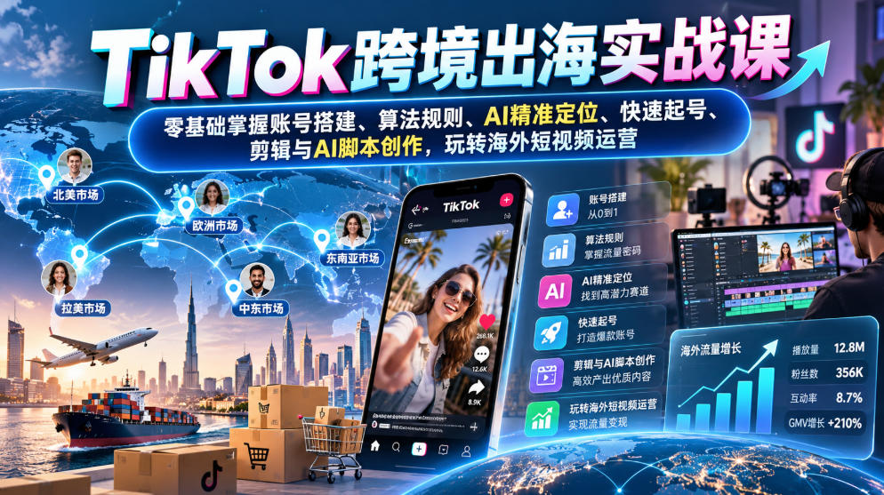 TikTok跨境出海实战课：零基础掌握账号搭建、算法规则、AI精准定位、快速起号、剪辑与AI脚本创作，玩转海外短视频运营-橙心云网创