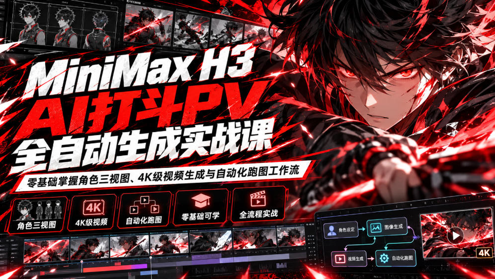 MiniMax H3 AI打斗PV全自动生成实战课：零基础掌握角色三视图、4K级视频生成与自动化跑图工作流-橙心云网创