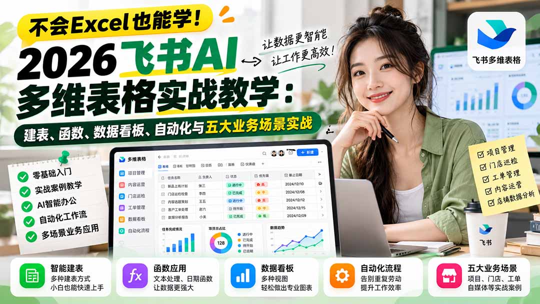 不会Excel也能学！2026飞书AI多维表格实战教学：建表、函数、数据看板、自动化与五大业务场景实战-橙心云网创