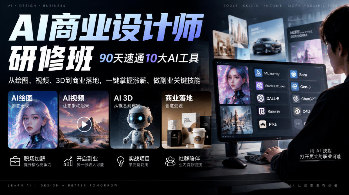 AI商业设计师研修班，90天速通10大AI工具，从绘图、视频、3D到商业落地，一键掌握涨薪、做副业关键技能-橙心云网创