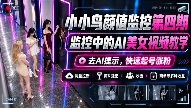 小小鸟颜值监控第四期，监控中的AI美女视频教学，去AI提示，快速起号涨粉，网盘拉新+商K引流+收徒+商单等多种收益-橙心云网创