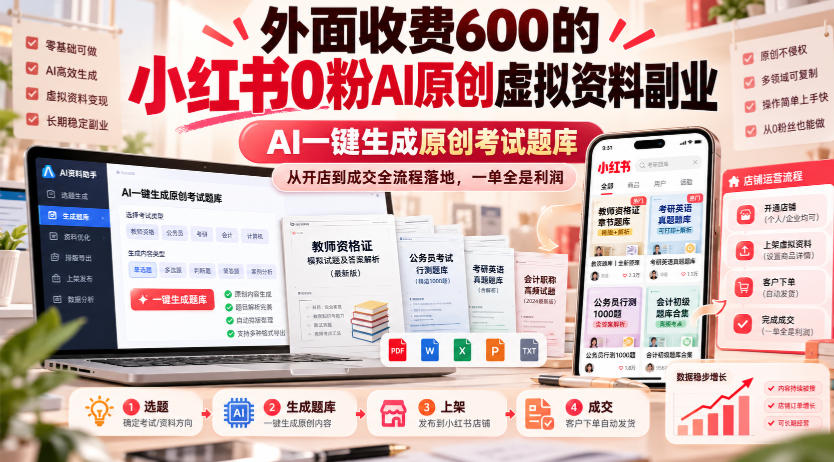 外面收费600的小红书0粉AI原创虚拟资料副业,AI一键生成原创考试题库,从开店到成交全流程落地,一单全是利润-橙心云网创