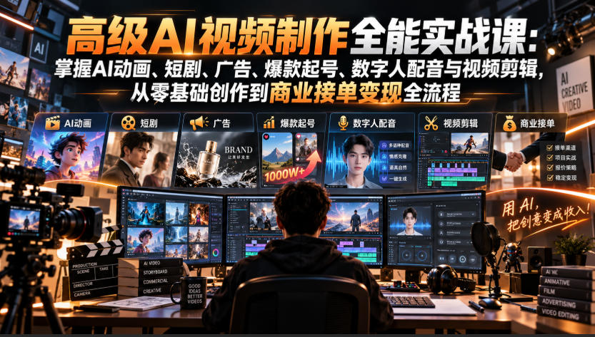 高级AI视频制作全能实战课：掌握AI动画、短剧、广告、爆款起号、数字人配音与视频剪辑，从零基础创作到商业接单变现全流程-橙心云网创
