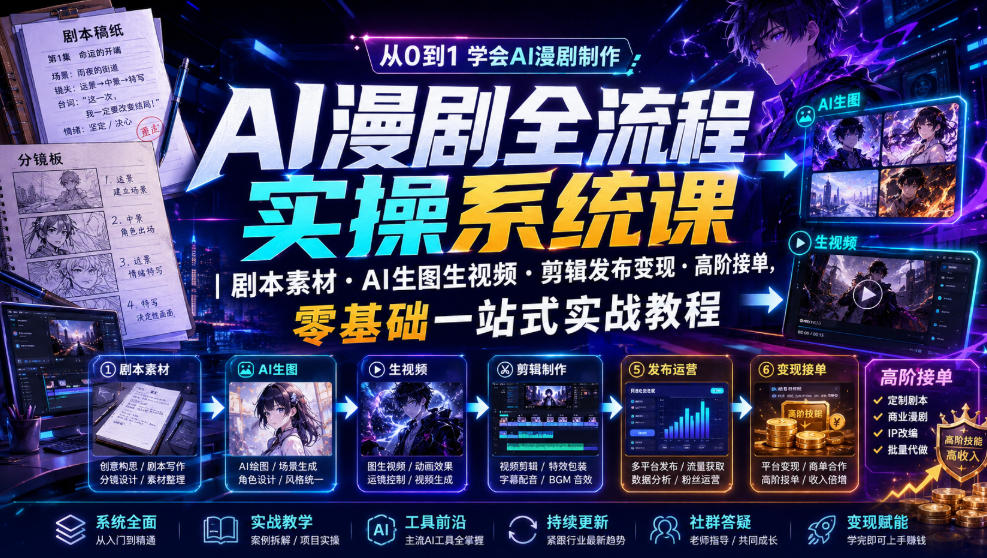 AI漫剧全流程实操系统课|剧本素材・AI生图生视频・剪辑发布变现・高阶接单,零基础一站式实战教程(更新1027)-橙心云网创