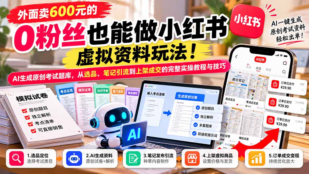 外面卖600元的 零粉丝也能做小红书虚拟资料玩法!AI生成原创考试题库,从选品、笔记引流到上架成交的完整实操教程-橙心云网创