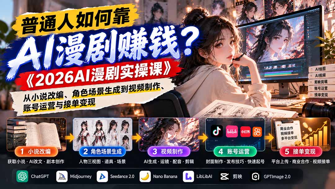 普通人如何靠AI漫剧赚钱?《2026AI漫剧实操课》从小说改编、角色场景生成到视频制作、账号运营与接单变现-橙心云网创