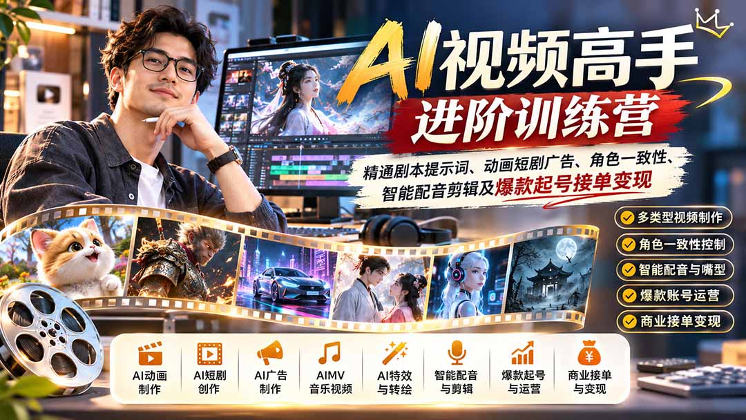 AI视频高手进阶训练营:精通剧本提示词、动画短剧广告、角色一致性、智能配音剪辑及爆款起号接单变现-橙心云网创