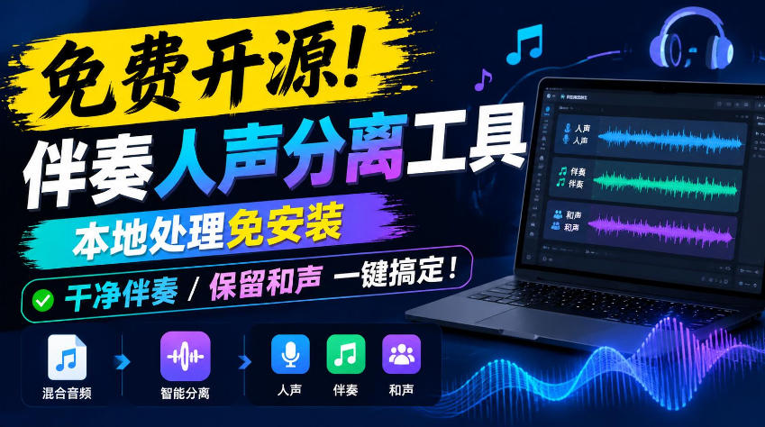 免费开源！伴奏人声分离工具，本地处理免安装，干净伴奏，保留和声一键搞定！-橙心云网创