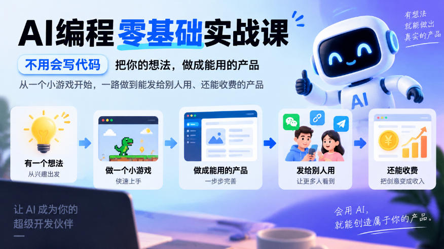 AI编程零基础实战课,不用会写代码,把你的想法,做成能用的产品,从一个小游戏开始,一路做到能发给别人用、还能收费的产品-橙心云网创