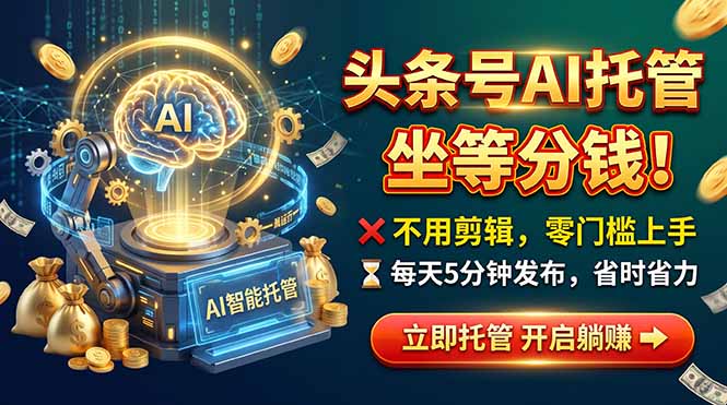 头条AI视频托管，你出号我运营，每天花5分钟发布，月赚1W+，手机可做-橙心云网创