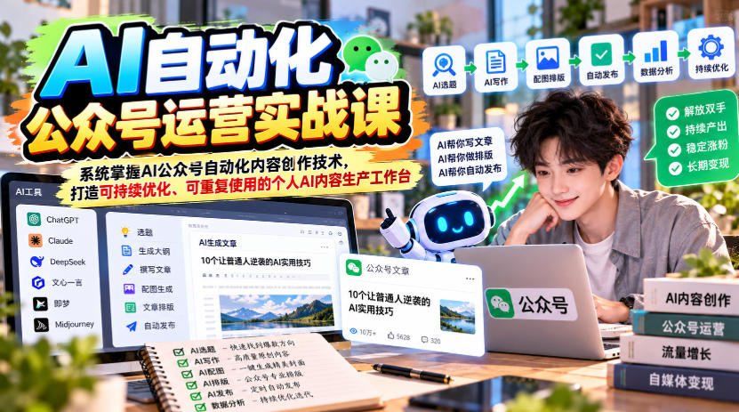 AI自动化公众号运营实战课，系统掌握AI公众号自动化内容创作技术，打造可持续优化、可重复使用的个人AI内容生产工作台-橙心云网创