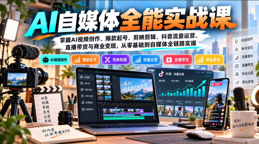 【无水印】AI自媒体全能实战课，掌握AI视频创作、爆款起号、剪映剪辑、抖音流量运营、直播带货与商业变现，从零基础到自媒体全链路实操-橙心云网创