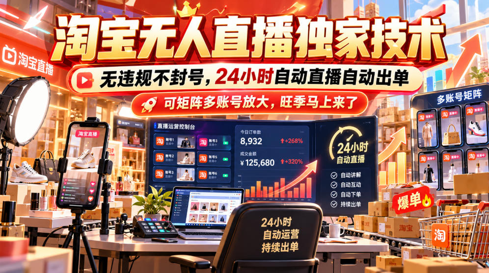 淘宝无人直播独家技术,无违规不封号,24小时自动直播自动出单,可矩阵多账号放大,旺季马上来了【揭秘】-橙心云网创