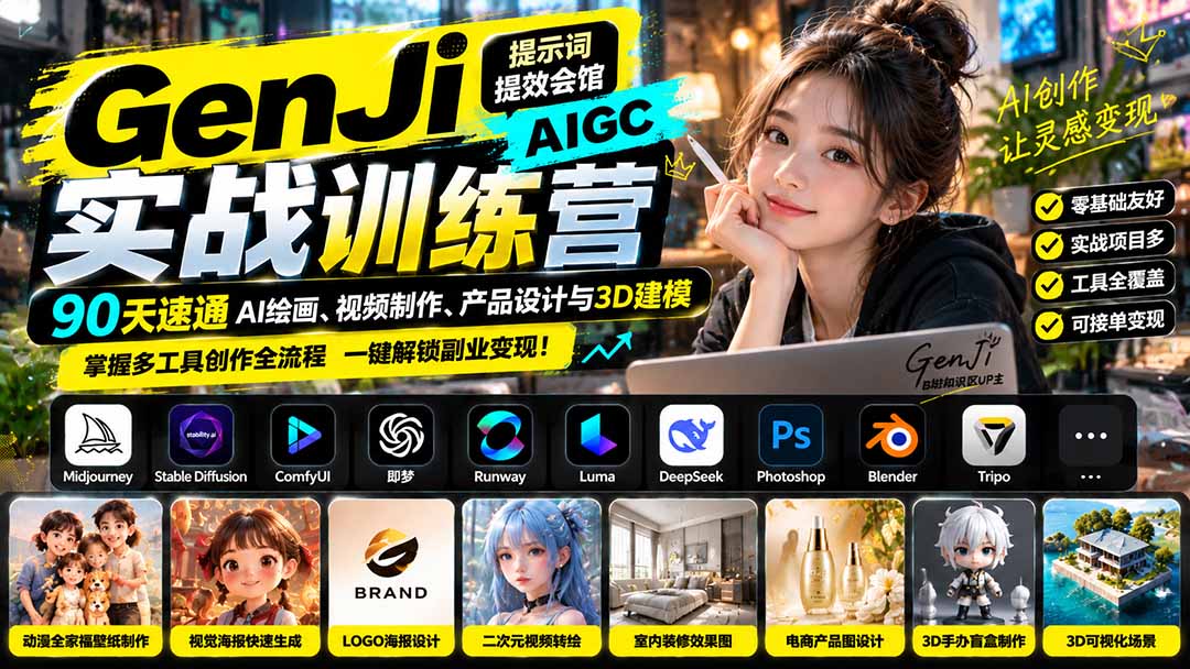 GenJi AIGC实战训练营：90天速通AI绘画、视频制作、产品设计与3D建模，掌握多工具创作全流程-橙心云网创