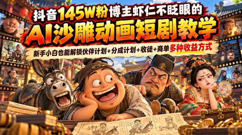 抖音145W粉博主虾仁不眨眼的AI沙雕动画短剧教学，新手小白也能解锁伙伴计划+分成计划+收徒+商单多种收益方式-橙心云网创