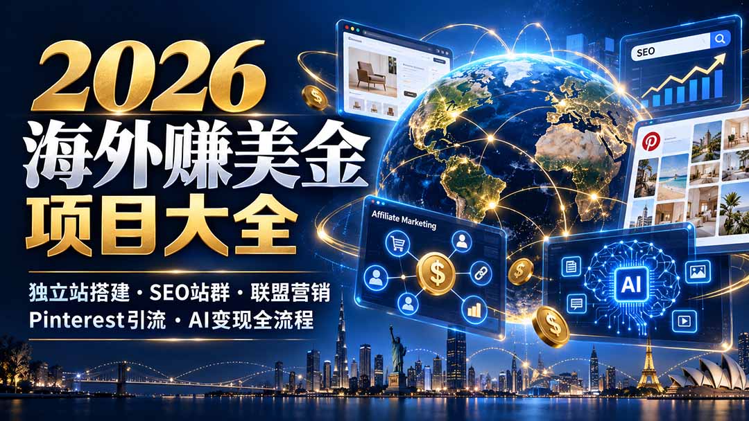 2026海外赚美金项目大全:独立站搭建、SEO站群、联盟营销、Pinterest引流与AI变现全流程-橙心云网创