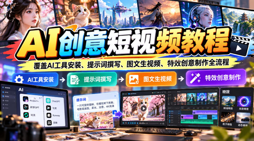 AI创意短视频教程，覆盖AI工具安装、提示词撰写、图文生视频、特效创意制作全流程-橙心云网创