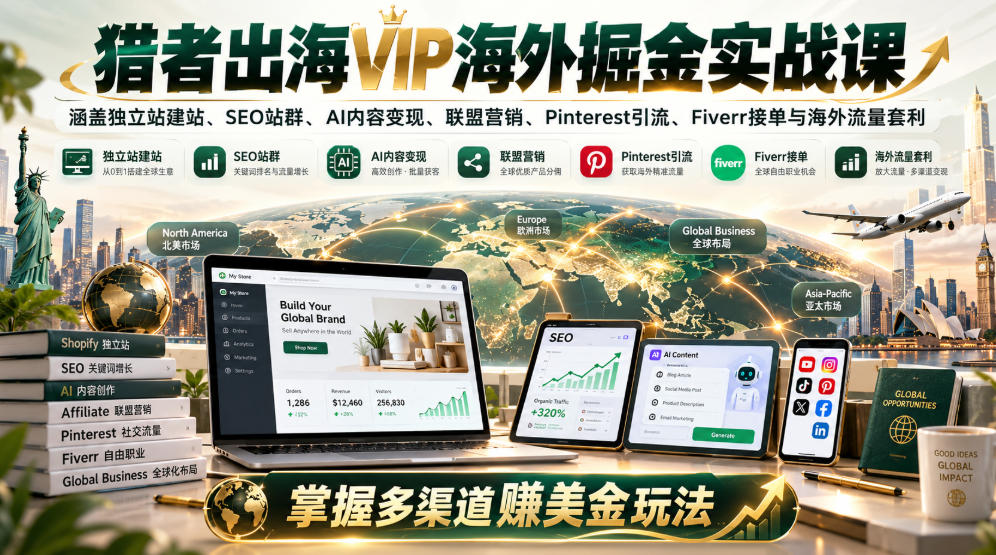 猎者出海VIP海外掘金实战课：涵盖独立站、SEO站群、AI变现、联盟营销、Pinterest引流、Fiverr接单与海外流量套利，掌握多渠道賺美金玩法-橙心云网创
