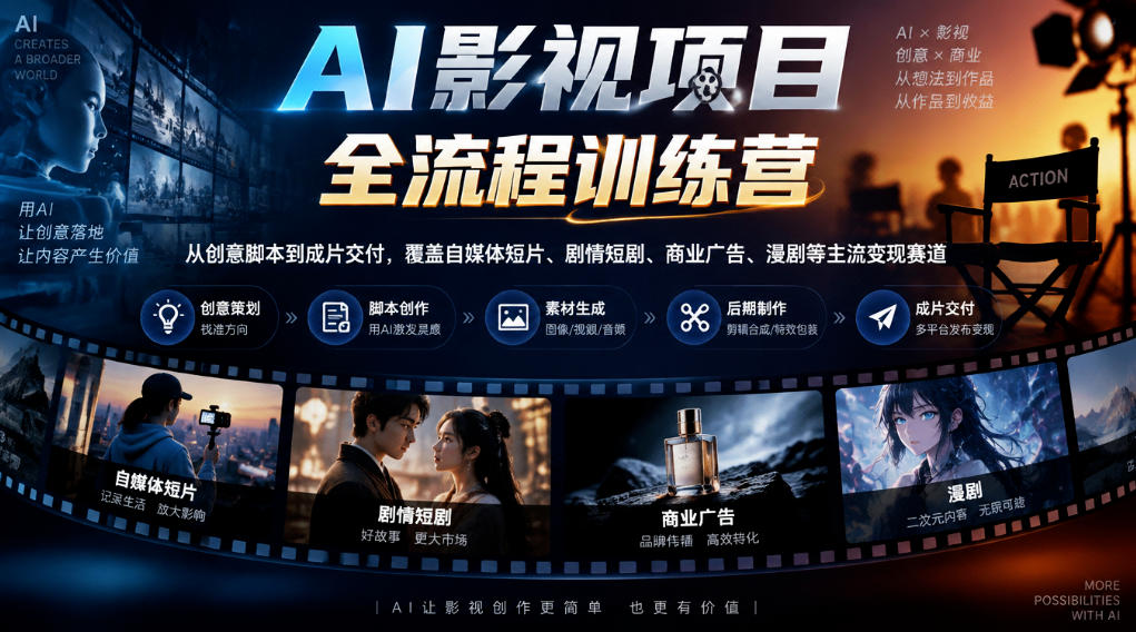 AI影视项目全流程训练营，从创意脚本到成片交付，覆盖自媒体短片、剧情短剧、商业广告、漫剧等主流变现赛道-橙心云网创